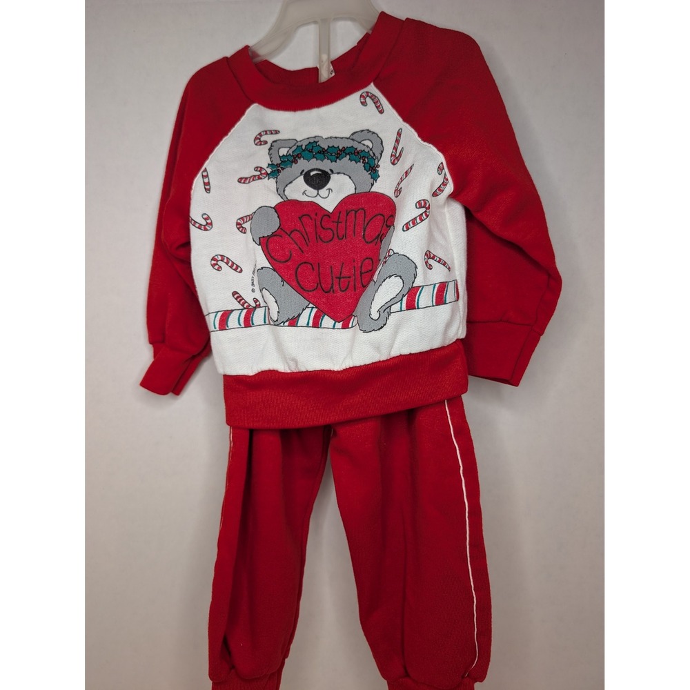 Vintage Park Bench Kid‎ Christmas Outfit 3T Toddler Red Sweatshirt Pant Set Bear